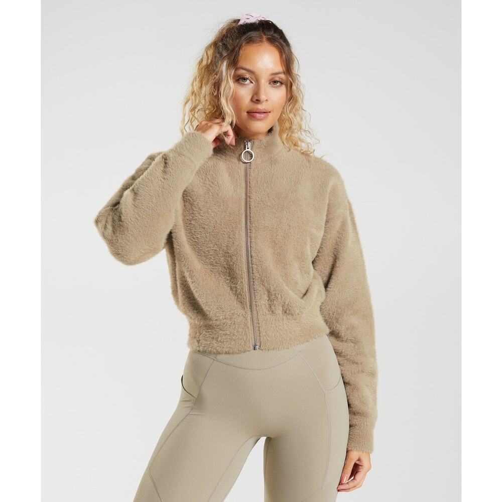 GYMSHARK x WHITNEY SIMMONS Eyelash Knit Jacket Cement Brown Size M Cropped